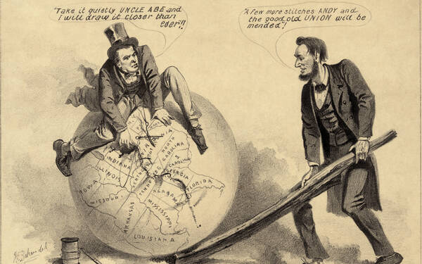 Een politieke cartoon van Lincoln in de Reconstructie na de Burgeroorlog