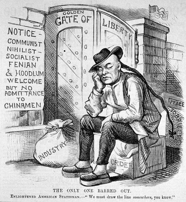 Cartoon over de Chinese Exclusion Act, een wet aangenomen door Chester Arthur, die het Chinezen verbood naar Amerika te emigreren