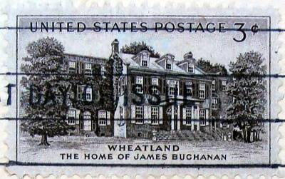 Postzegel met daarop Wheatland, het woonhuis van president James Buchanan
