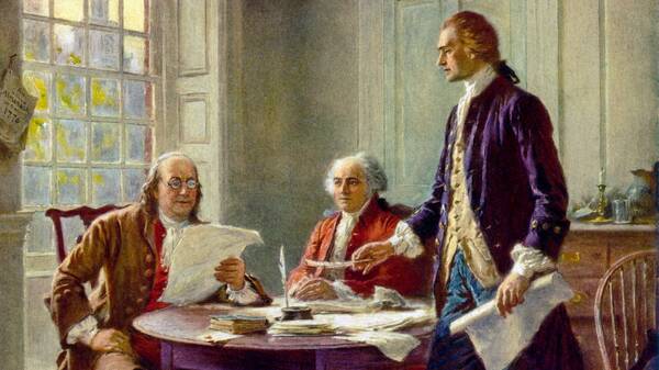 Franklin, Adams en Jefferson werken aan de Declaration of Independece