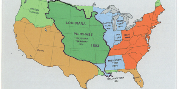 Jefferson kocht Louisiana van Frankrijk en verdubbelde het grondgebied van de VS