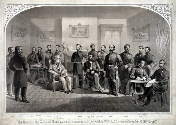 Generaal Lee van de Confederatie geeft zich over aan Ulysses S. Grant van de Unie